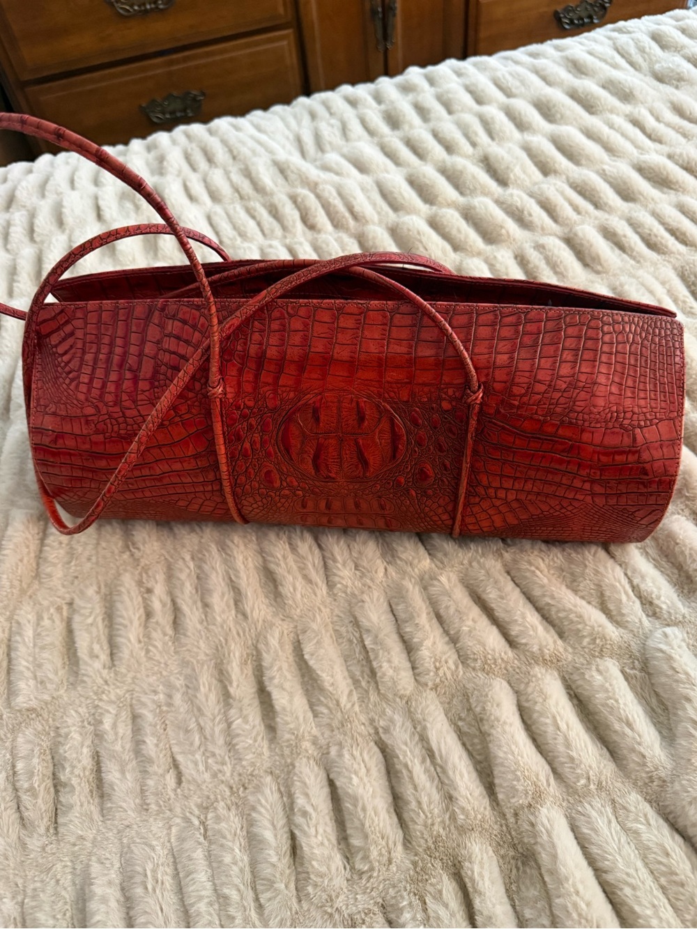 Croc-Embossed Red Shoulder Bag with Slim Strap